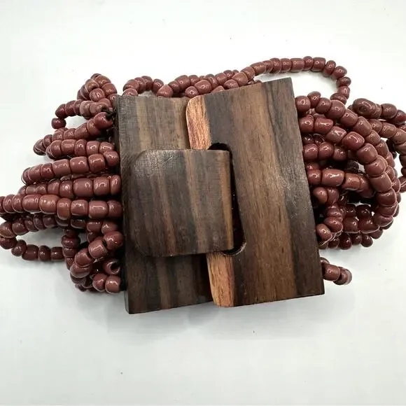Bali Maroon Brown 14 Strand Bead Bracelet Wood Clasp Hard Wood Boho Casual - Picture 2 of 13